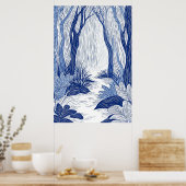 Serene Woodland Path: Blue Line Art Forest Poster (Keuken)