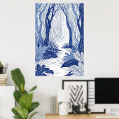 Serene Woodland Path: Blue Line Art Forest Poster (Thuiskantoor)