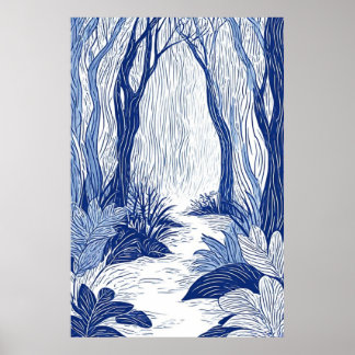 Serene Woodland Path: Blue Line Art Forest Poster