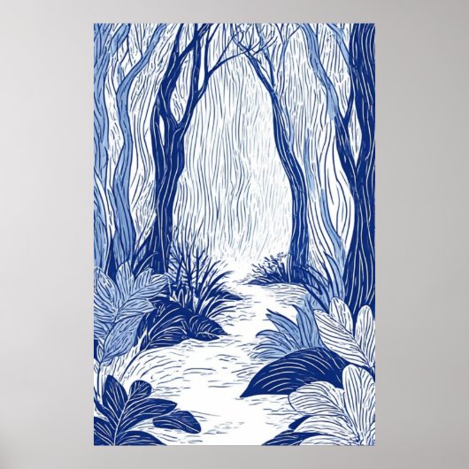 Serene Woodland Path: Blue Line Art Forest Poster (Voorkant)