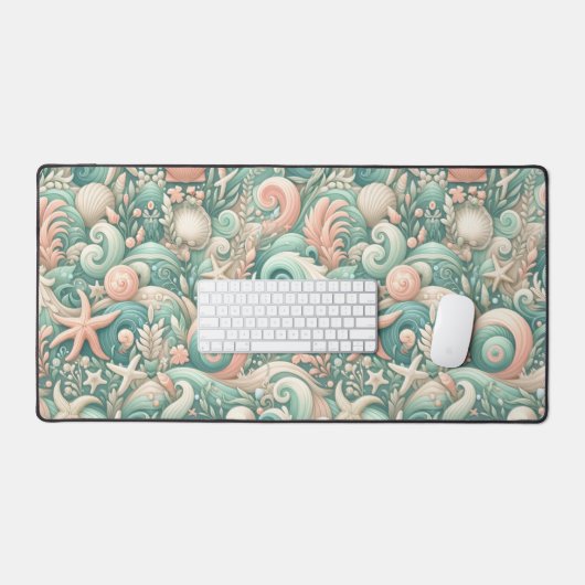 Serene zeekust wervelt: Pastel Ocean fluistert Bureaumat (Keyboard & Muis)