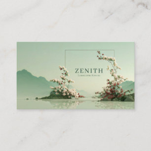 Serene Zen Bergmeer Witte Bloemige Takken Visitekaartje