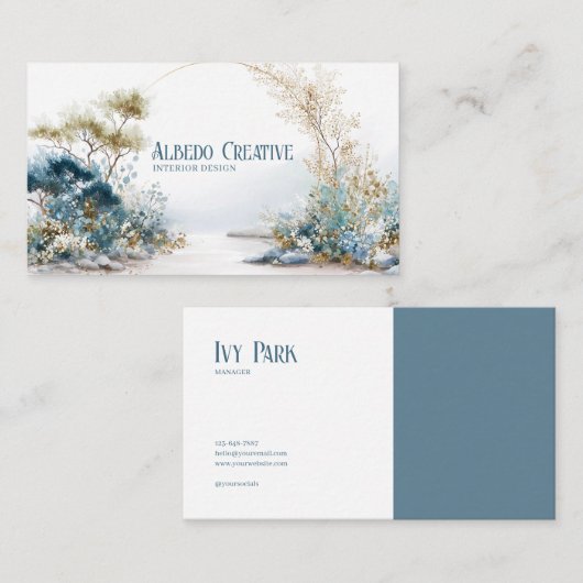 Serene Zen Garden Blauw en Goud Botanisch Visitekaartje (Voorkant / Achterkant)