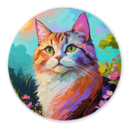 Serene zomer kat olieverfschilderij keramische knop (Voorkant)