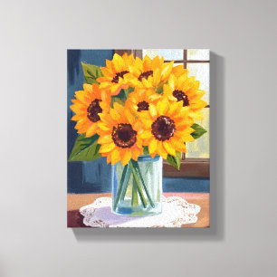 Serene Zonnebloemen Geel Bloemschilderij in Wate Canvas Afdruk