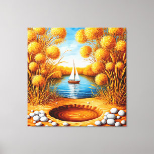 Serene Zonsondergang boven een Meer met Zeilboot Canvas Afdruk