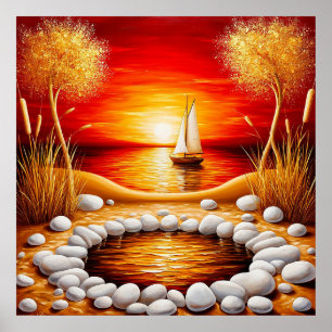 Serene Zonsondergang boven een Meer met Zeilboot Poster