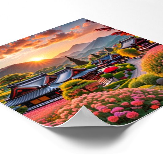 Serene zonsondergang boven Japanse tuin, landschap Poster (Hoek)