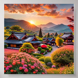 Serene zonsondergang boven Japanse tuin, landschap Poster