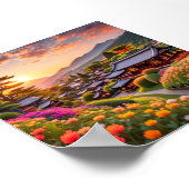 Serene zonsondergang boven Japanse tuin, landschap Poster (Hoek)