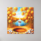 Serene zonsondergang over een meer met zeilboot canvas afdruk (Voorkant)