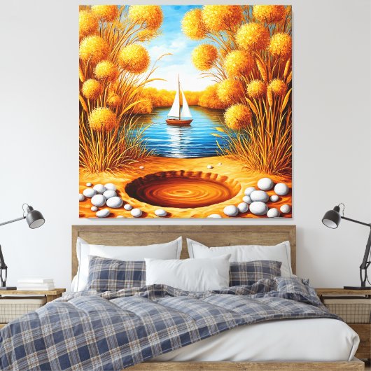 Serene zonsondergang over een meer met zeilboot canvas afdruk (Insitu (Slaapkamer))