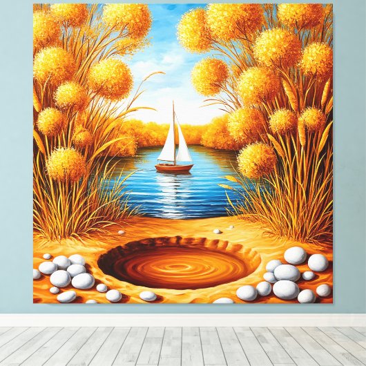 Serene zonsondergang over een meer met zeilboot canvas afdruk (Insitu (Houten vloer))