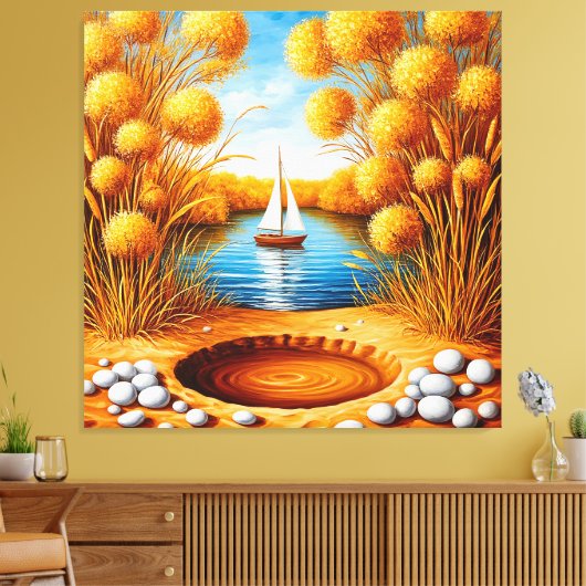 Serene zonsondergang over een meer met zeilboot canvas afdruk (Insitu (Woonkamer))