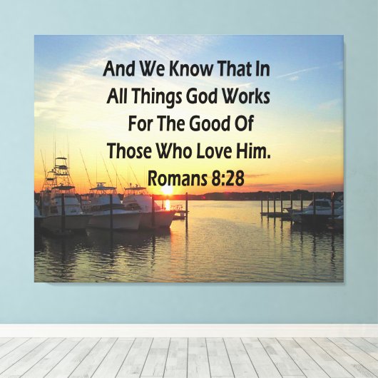 SERENE ZONSONDERGANG ROMEINEN 8:28 BIJBELVERS CANVAS AFDRUK (Insitu (Houten vloer))