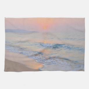 Serene Zonsondergang Strand Oceaan Gloed Theedoek