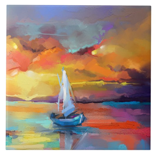 Serene Zonsondergang Zeilboot Kunst Tegeltje (Voorkant)