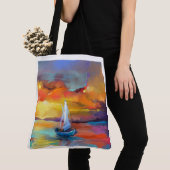 Serene Zonsondergang Zeilboot Kunst Tote Bag (Dichtbij)