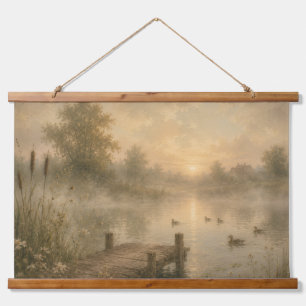 Serene Zonsopgang Nevelig Vijver Wanddecoratie Hangend Wandkleed
