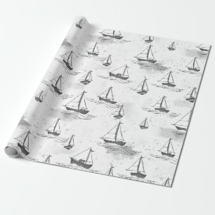 Serene zwart witte zeilboten op Zee Pattern Cadeaupapier