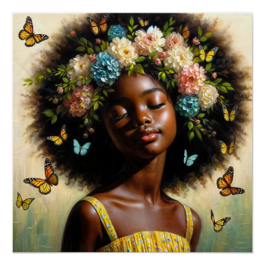 Serene zwarte meid met afro en bloemenkrans perfect poster (Voorkant)