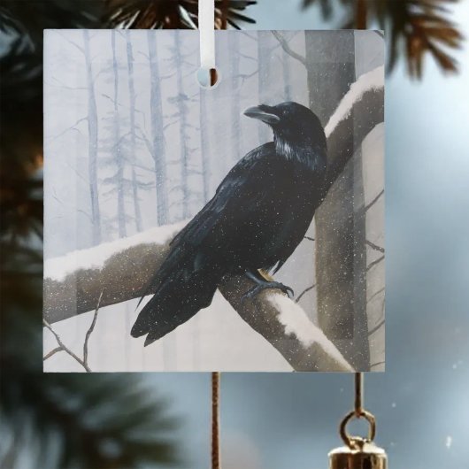 Serene Zwarte Raaf Sneeuw Winter Bos Glas Ornament
