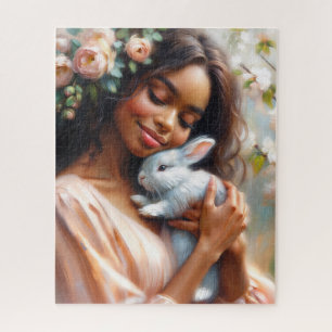 Serene zwarte vrouw met konijn Bloemrijke kunstpuz Legpuzzel