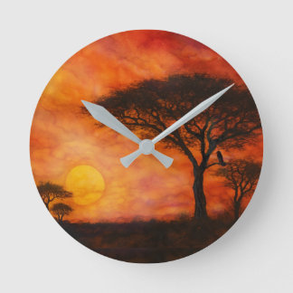 Serengeti Savanne Zonsondergang Ink kunst Ronde Klok