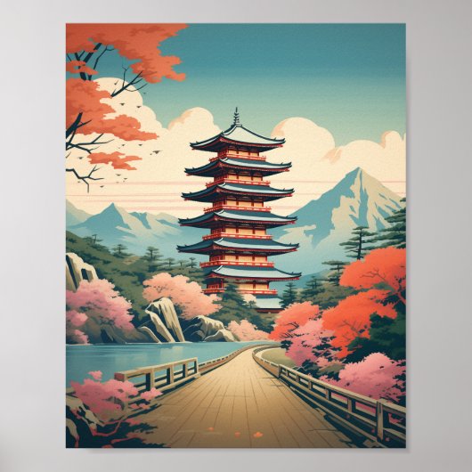 Sereniteit bij de Pagode.  Japans poster (Voorkant)