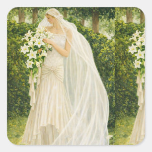 Sereniteit in ivoor: een bruid in een tuinreverie vierkante sticker