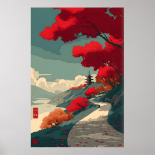 Sereniteit in Rode Muurkunst - Herfstpad met Pagod Poster