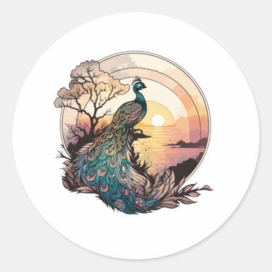 Sereniteit op zonsopgang: Peacock geïnspireerd kun Ronde Sticker (Voorkant)
