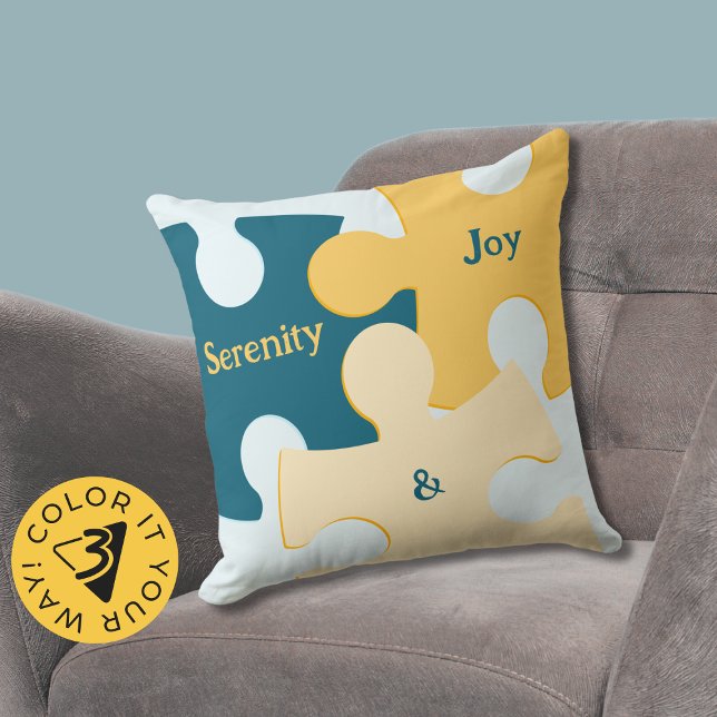 Sereniteit & Vreugde Blauwe & Gele Puzzel Stukken Kussen (Serenity & Joy Blue & Yellow Puzzle Pieces Throw Pillow)