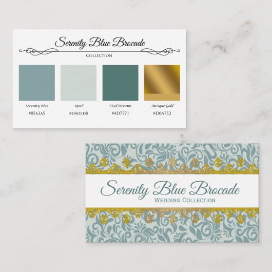Serenity Blue Brocade Gold Lace Colour Swatch Kaar Informatiekaartje (Voorkant / Achterkant)