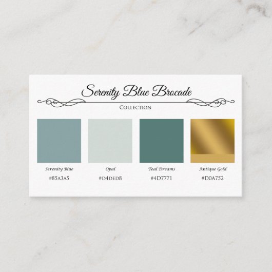 Serenity Blue Brocade Gold Lace Colour Swatch Kaar Informatiekaartje (Voorkant)