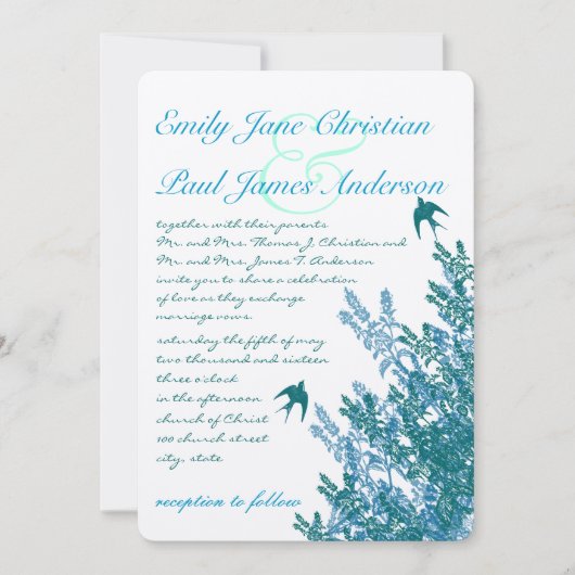 Serenity Blue en Aqua Floral Wedding Invites Kaart (Voorkant)