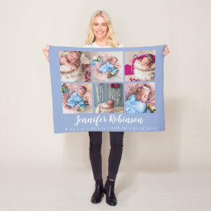 Serenity Blue Monogrammed Birth Stat Photo Collage Fleece Deken