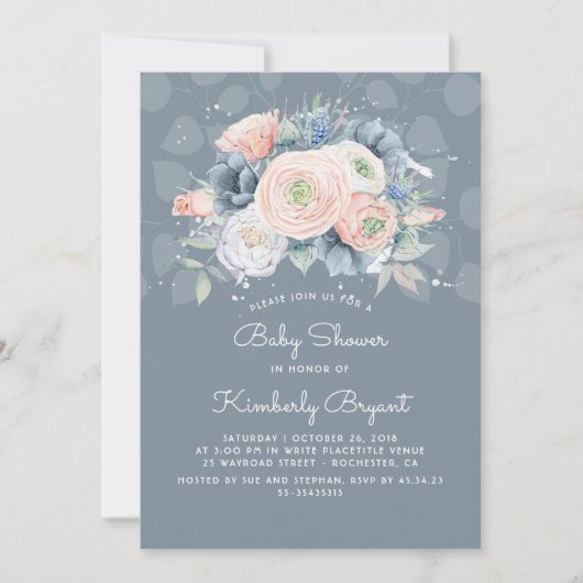Serenity Blue Peach en Roos Floral Baby shower Kaart (Voorkant)