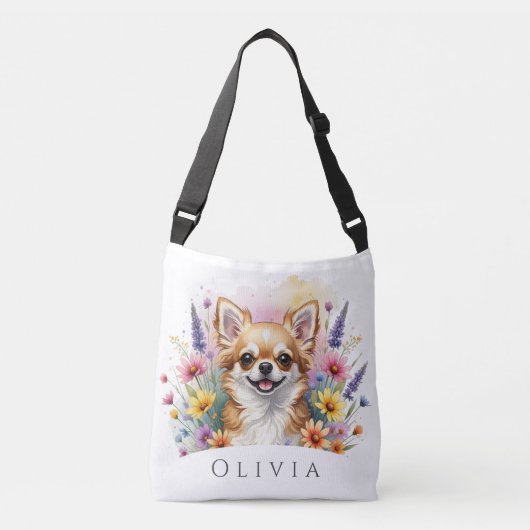 Serenity Chihuahua Flowers Gepersonaliseerde Canva Crossbody Tas (Voorkant)