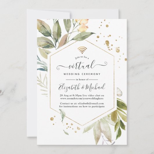Serenity Greenery Geometric Online Virtual Wedding Kaart (Voorkant)