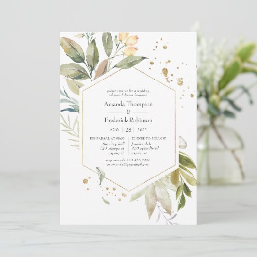 Serenity Greenery Geometric Rehearsal Dinner Kaart (Staand voorkant)