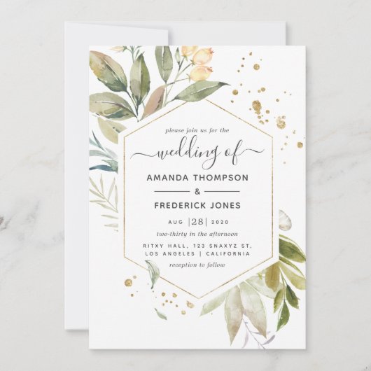 Serenity Greenery Geometric Wedding Kaart (Voorkant)