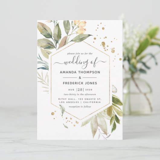 Serenity Greenery Geometric Wedding Kaart (Staand voorkant)