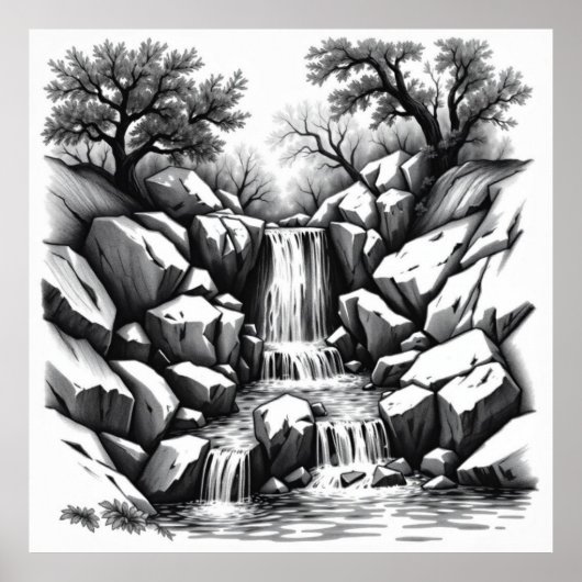 Serenity Herfsten: Waterval Charcoal Art Poster (Voorkant)