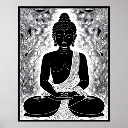 Serenity in Black and White: Buddha's Zen Garden Poster (Voorkant)