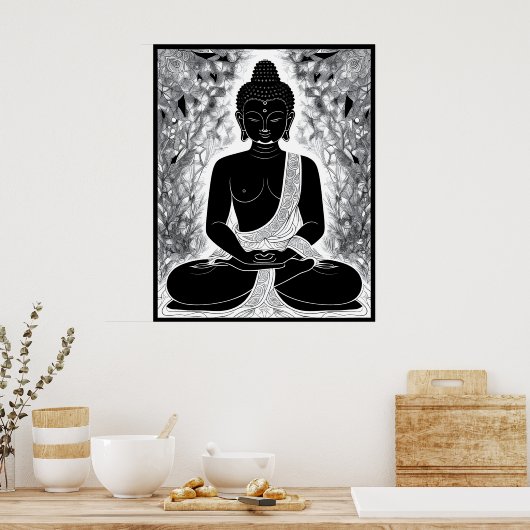 Serenity in Black and White: Buddha's Zen Garden Poster (Keuken)