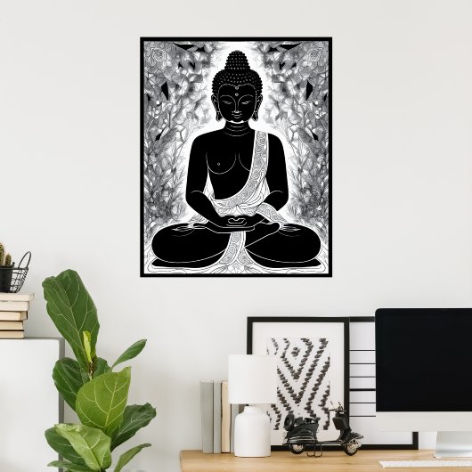 Serenity in Black and White: Buddha's Zen Garden Poster (Thuiskantoor)