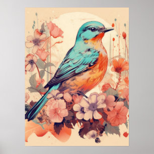 Serenity in Bloom: een levendige zangvogel Poster