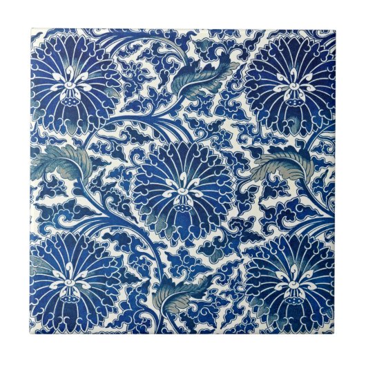 Serenity in Blue: Chinese Floral Tegel Art Tegeltje (Voorkant)