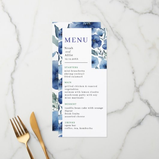 Serenity in Blue Waterverf Flowers Wedding Menu (Voorkant / Achterkant in situ)
